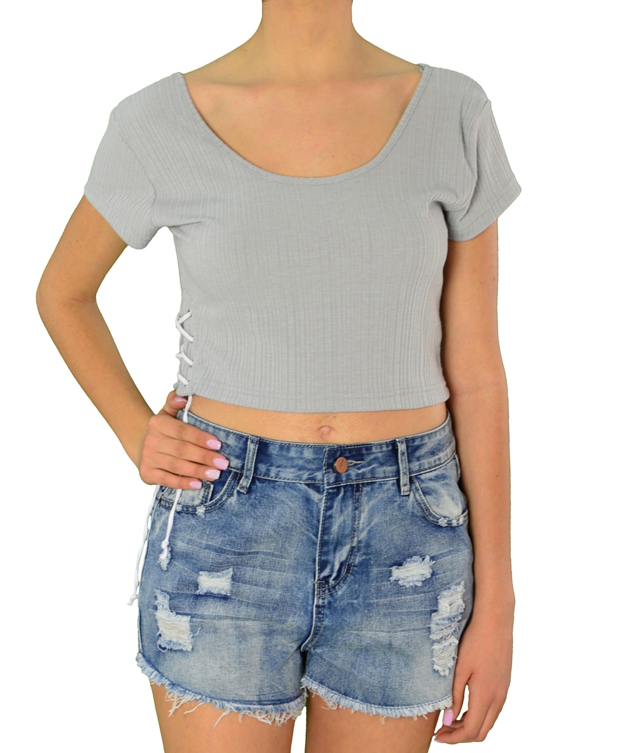 Γυναικείο crop top Coocu γκρι ριπ 31252W